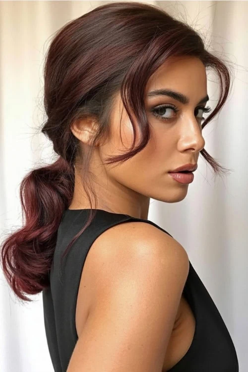 young womna with a hairstyle for medium length hair that is a low sophisticated ponytail