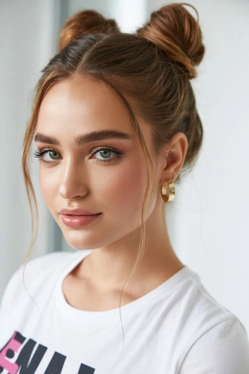 young woman with space buns