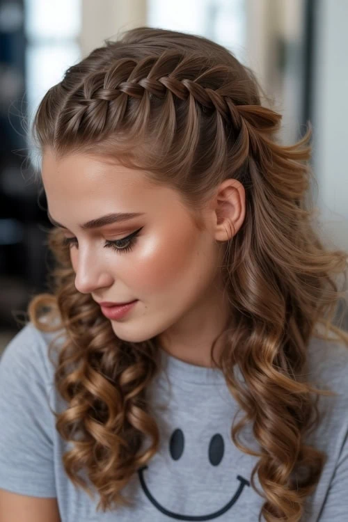 young woman with a half up dutch braids with loose curls hairstyle for medium length hair