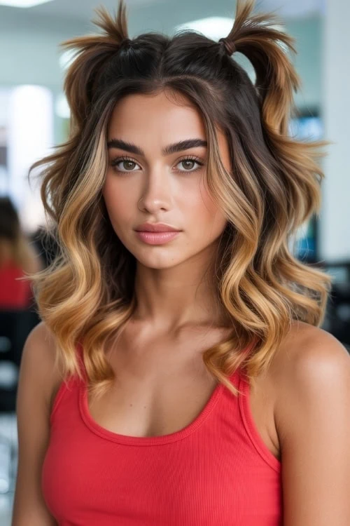 young woman with half up ponytails hairstyle