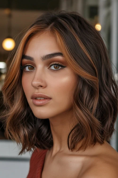 woman with cinnamon brown money piece hair color for fall