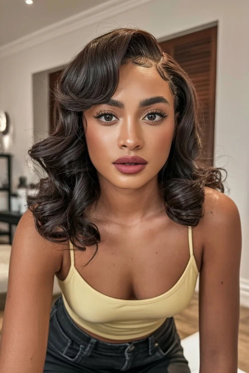 young woman with vintage curls and a medium length hairstyle