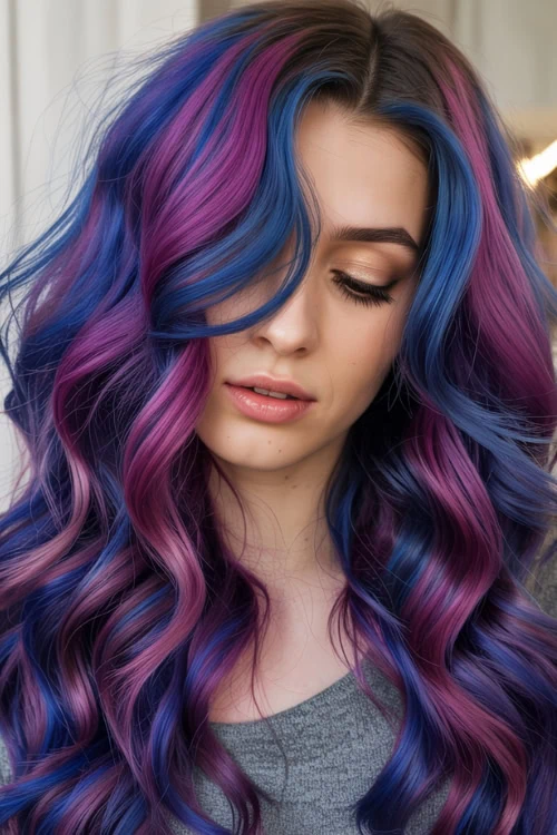 woman with blue and purple hair color
