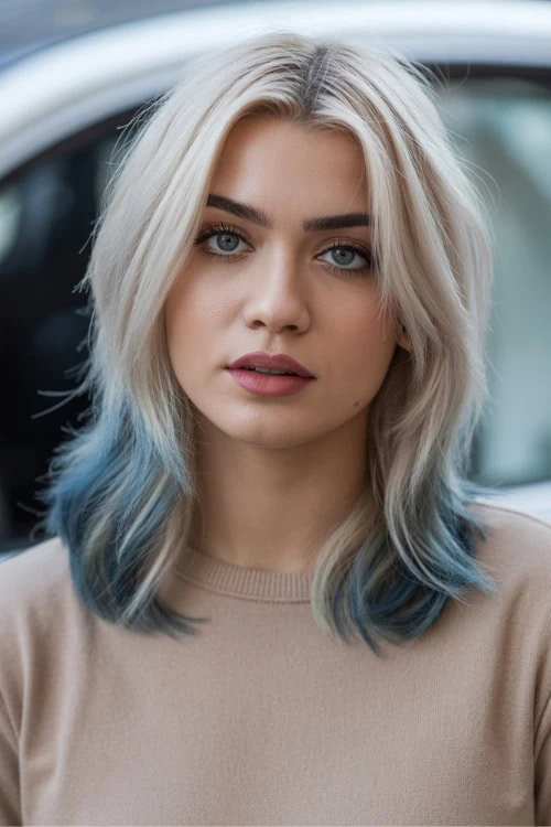 woman with a vivid hair color of platinum and blue tips