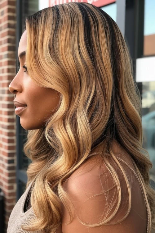 woman with warm honey blonde fall hair color