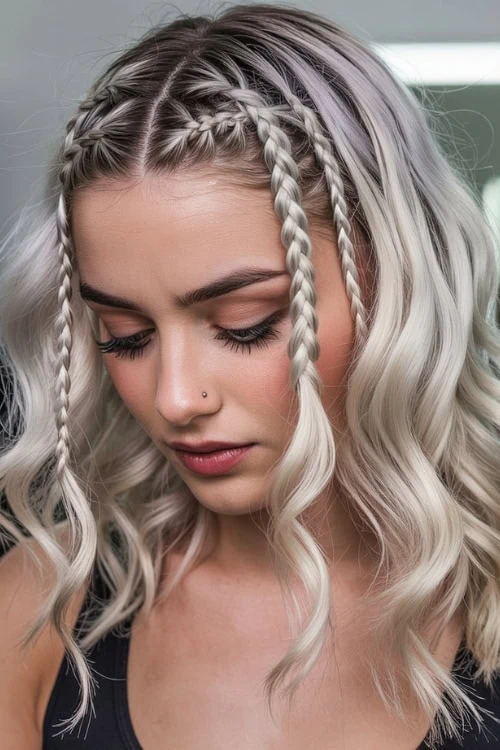 young woman with wavy hair and baby braids hairstyle for medium length