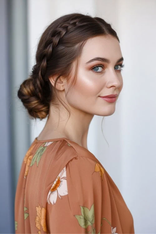young woman with a braided low bun and as autumn themed dress