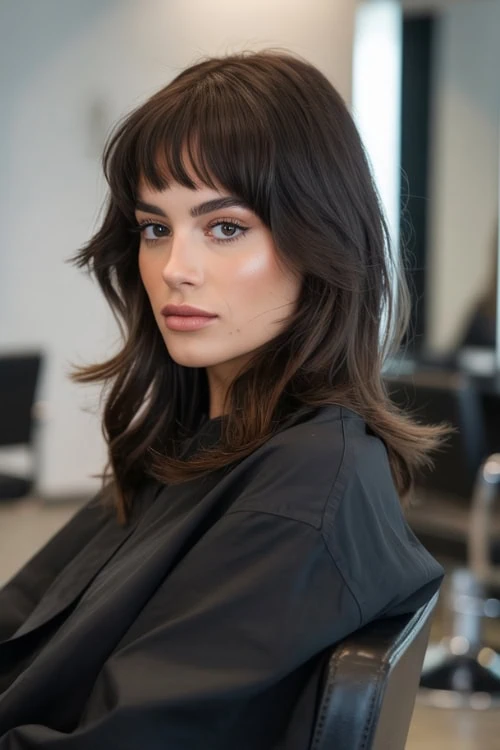 woman in a salon with a fall hairstyle which is a shag