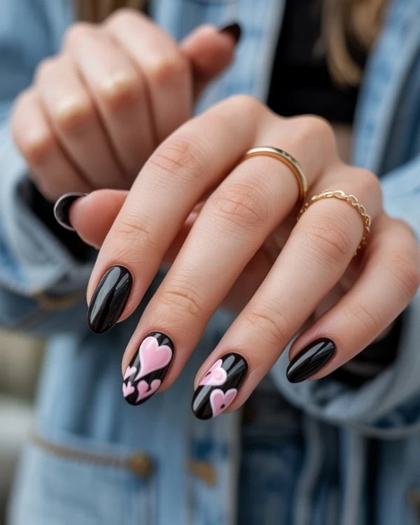 hand with Black Nails Pink Heart Nail Art