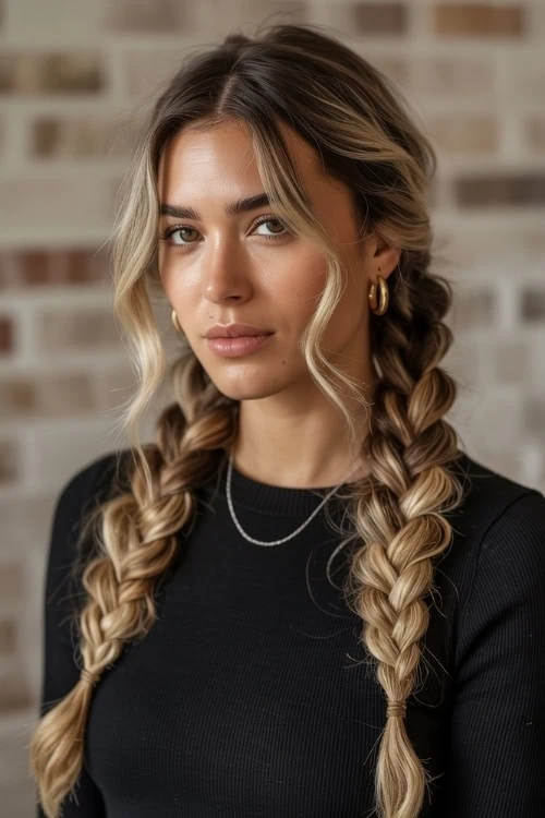young woman with a black sweater and pigtails