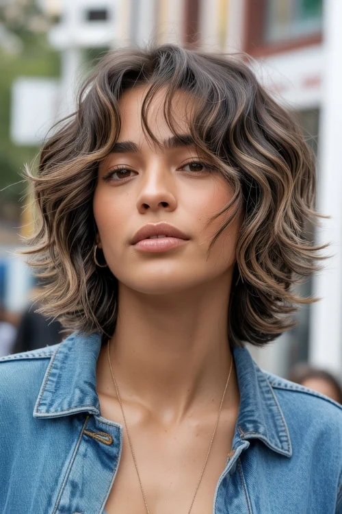 young woman with a curly, WAVY shag hairstyles for fall