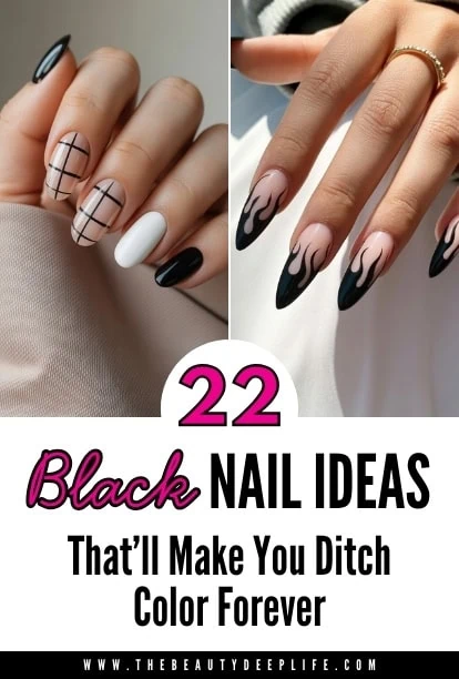 one hand with flame black nails and another with white and black nails design