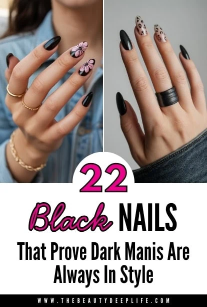 two hands each with black nails and nail designs