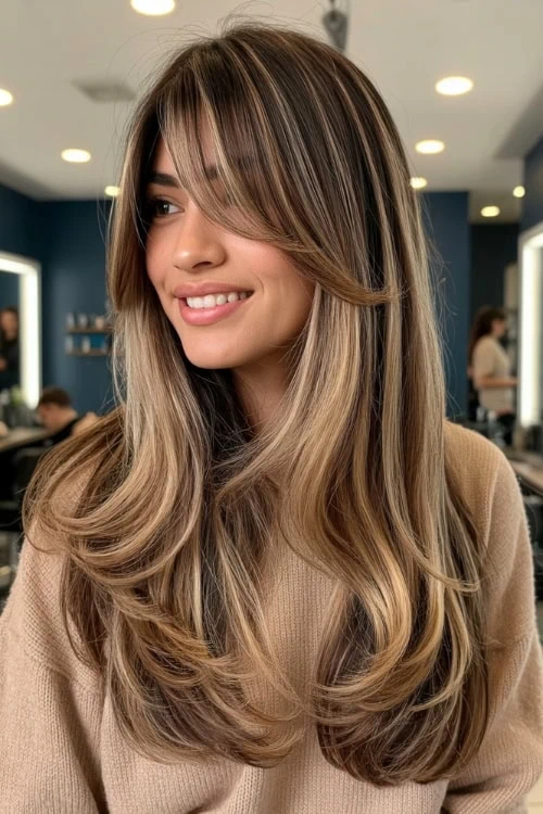 woman in a salon with long layered balayage hair for fall