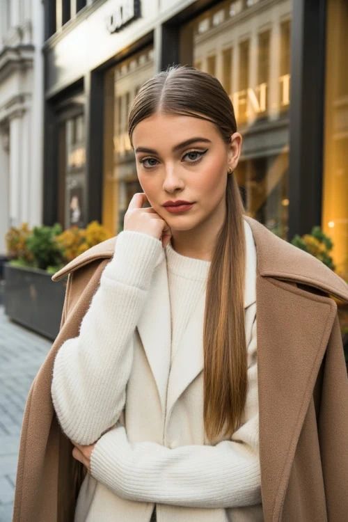 woman with a fall coat and a sleek low ponytail hairstyle