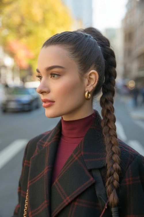 young woman on a street during a fal day with a long ponytail braid hairstyle