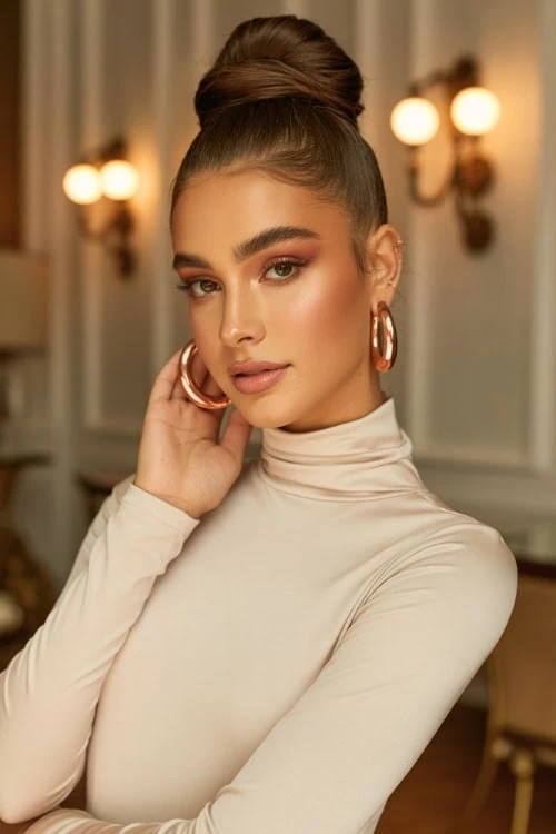 woman with a high bun hairstyle for fall