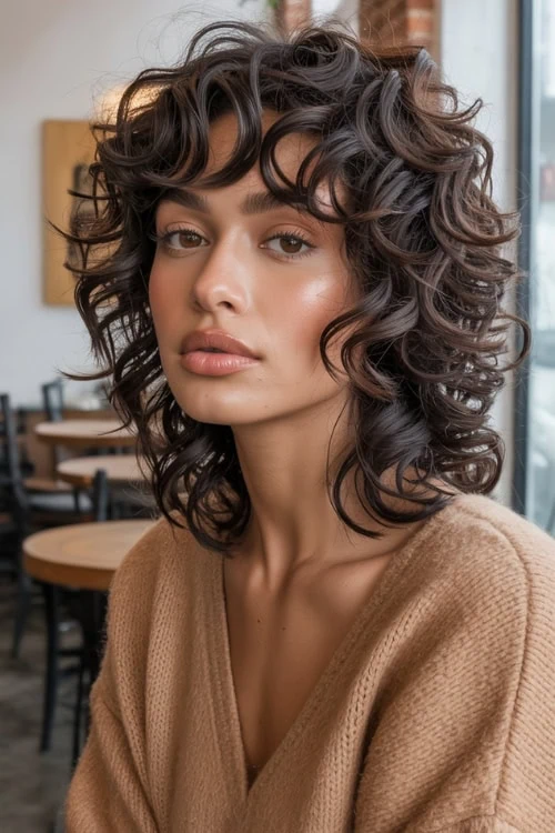 WOMAN WITH A CURLY SHAG LOB HAIRSTYLE FOR FALL