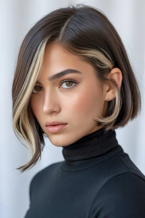 woman with a chin length bob and money piece hairstyle for fall