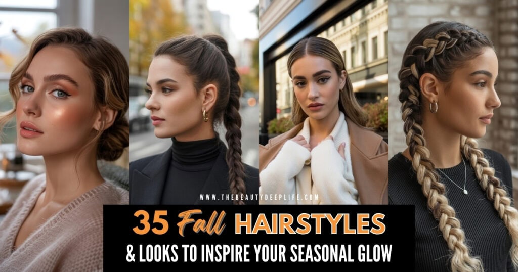 four women with fall hairstyles one with dutch braids, one with a messy bun, one with a braid, and another with a slicked back straight hairstyle