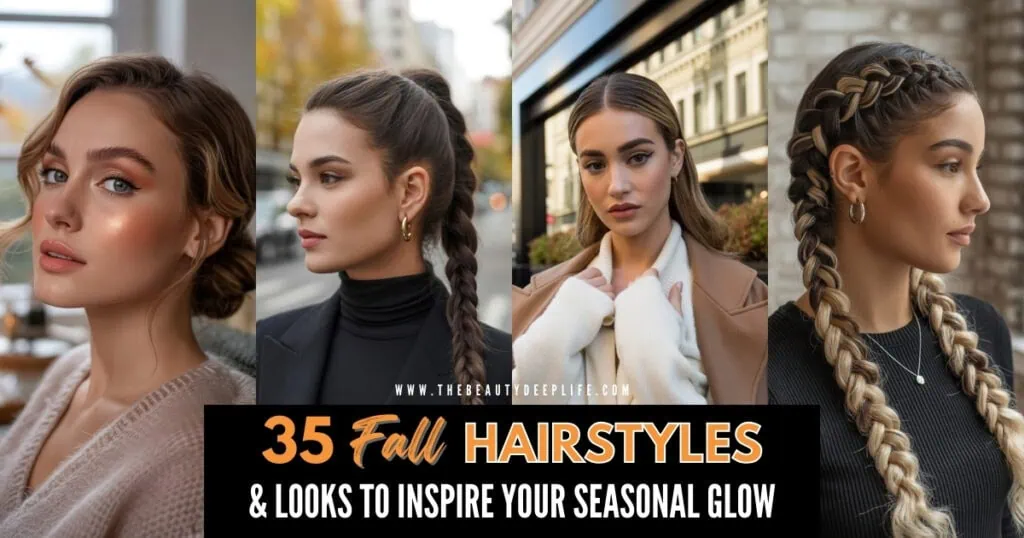 four women with fall hairstyles one with dutch braids, one with a messy bun, one with a braid, and another with a slicked back straight hairstyle