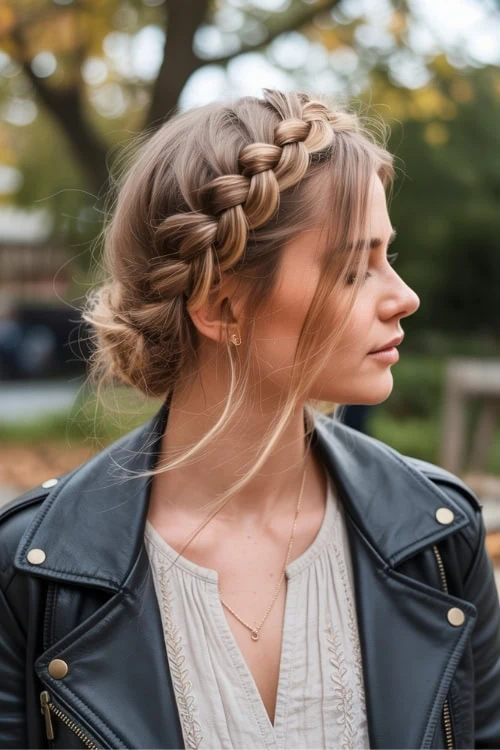 young woman outdoors on a fall day with a braided crown hairstyle
