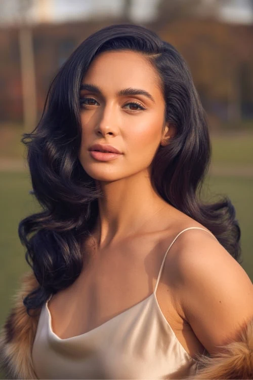 woman outdoors on a fall day with a hollywood waves hairstyle