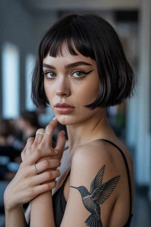 young woman with baby bangs and bob