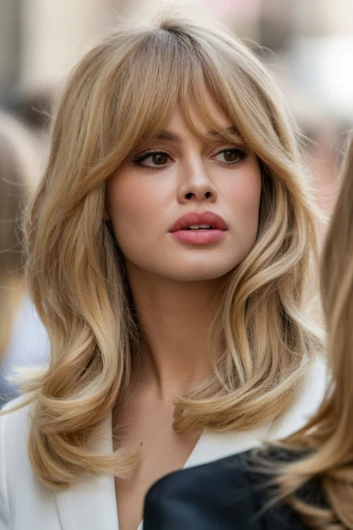 blonde woman with bardot bangs