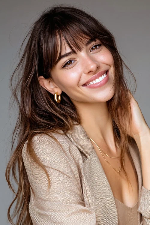 woman with long brown hair and bangs