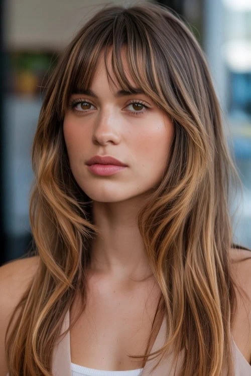 woman with bottle neck bangs and long hair