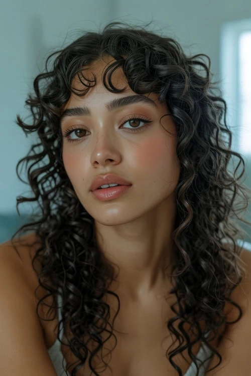 woman with curly hair and bangs