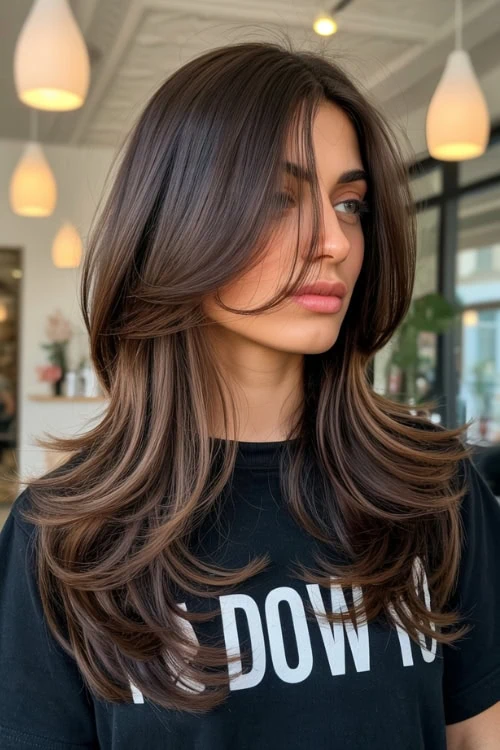 young woman with dark hair in a layered style