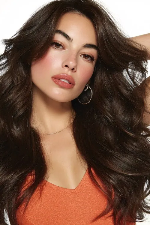 woman with long layered bangs and blowout hairstyle