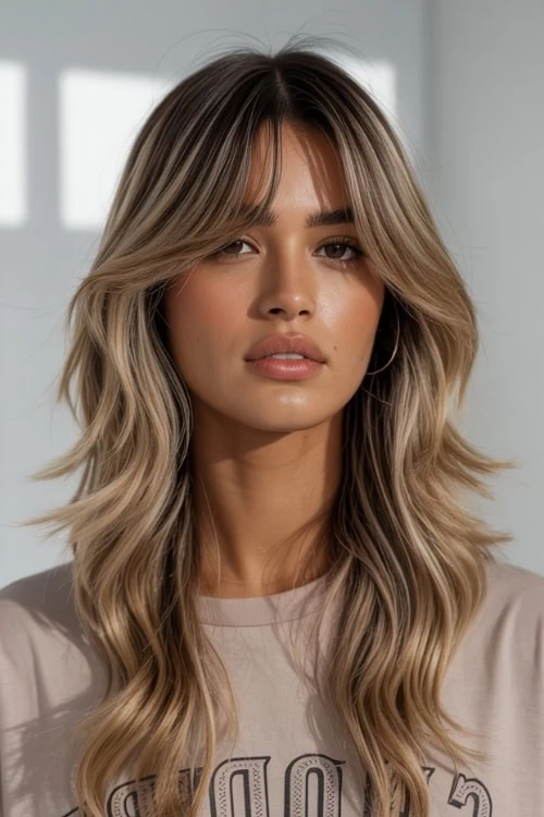 woman with curtain bangs styled hair