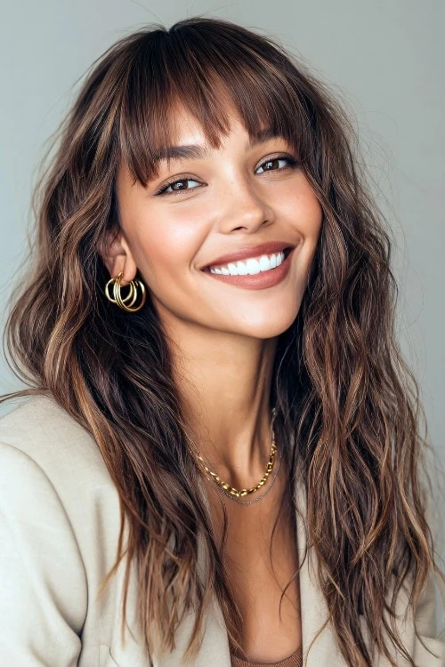 woman with piecey bangs and wavy hair