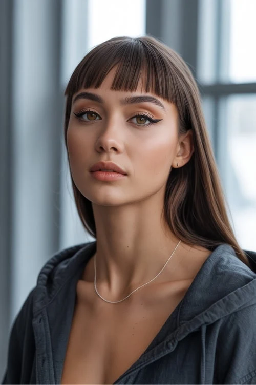 woman with long straight hair and short bangs
