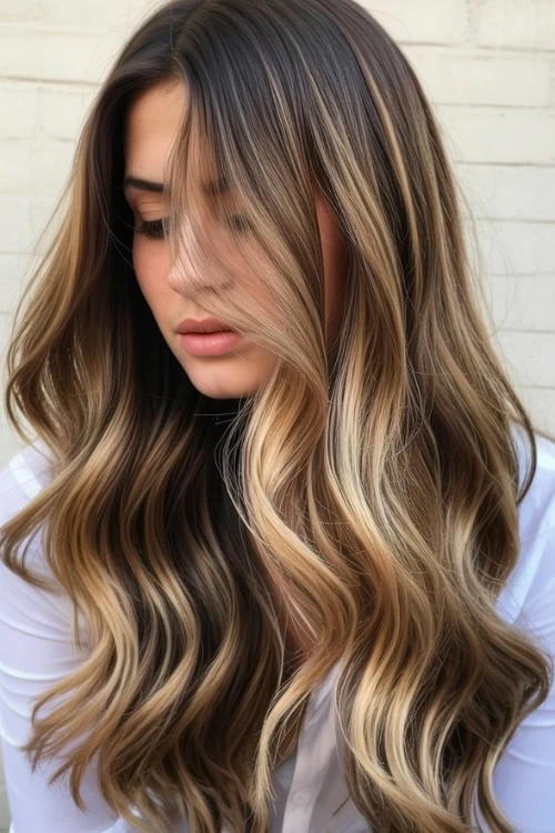 female with balayage hair blonde on dark base