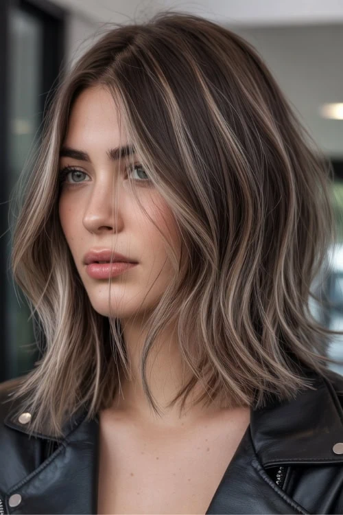 female with a long balayage hair bob that is mushroom brown