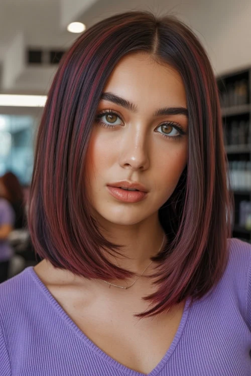female with balayage burgundy red hair that is a long bob