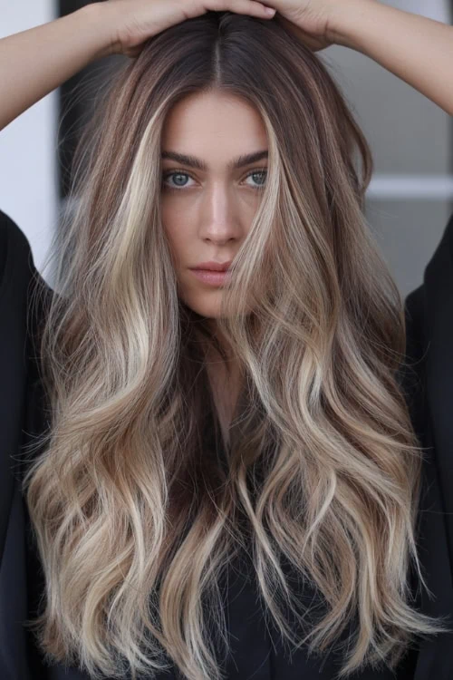 female with long Beige Blonde Balayage