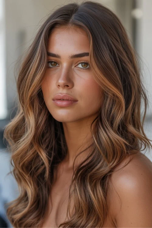 female with warm caramel balayage hair