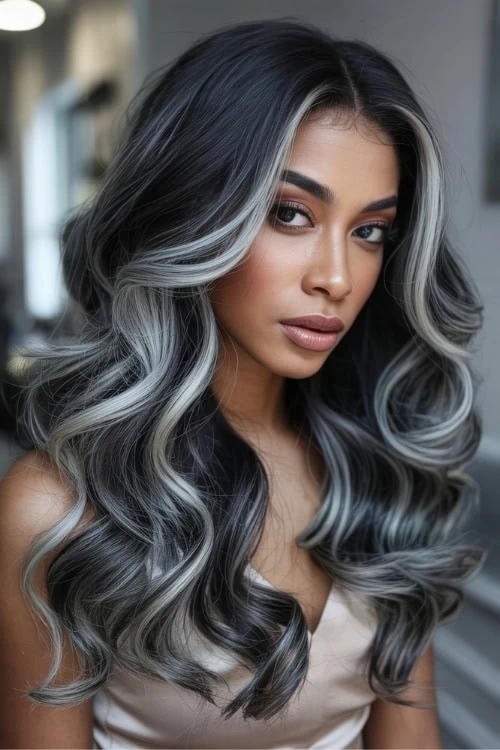 black female with icy balayage hair on black base