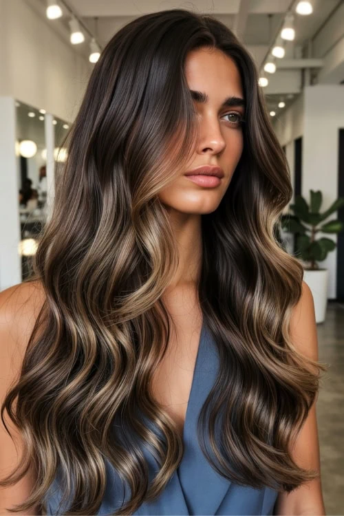 female with balayage dark brown hair