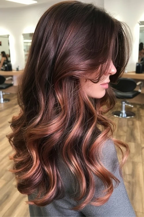 female with rosewood balayage hair which is red toned and coppery