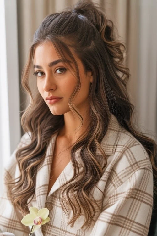young woman with fall attire and her hair in a half up hairstyle