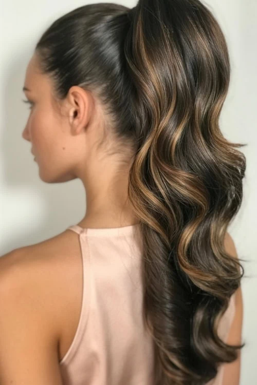 young woman with a back view of her hair in a glam voluminous high ponytail that has been curled in loose curls