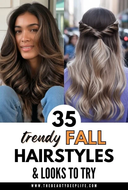 two young women in Fall attire one with her hair down in a blowout hairstyle and the other with her hair half up and down