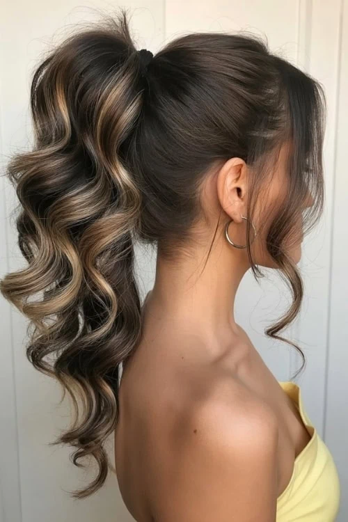 young woman with a Voluminous Curled High Ponytail