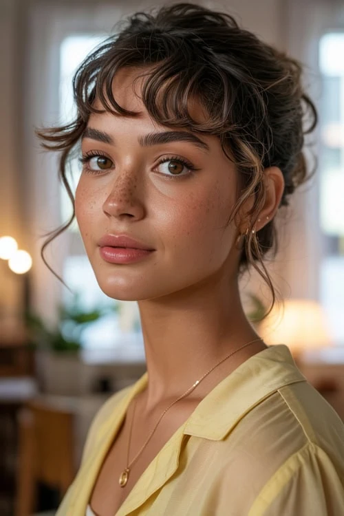 woman with an updo and wavy bangs